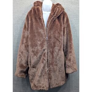 HOUSE OF HARLOW 1960 by Revolve Long Coat - Chocolate Brown, Faux Fur, Hood, XL